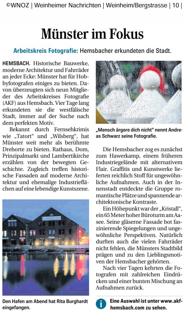 Presseartikel der Weinheimer Nachrichten zu einem Fotowalk des Fotoclubs aus Hemsbach, nähe Weinheim / Bergstraße in die westfälische Stadt Münster. 