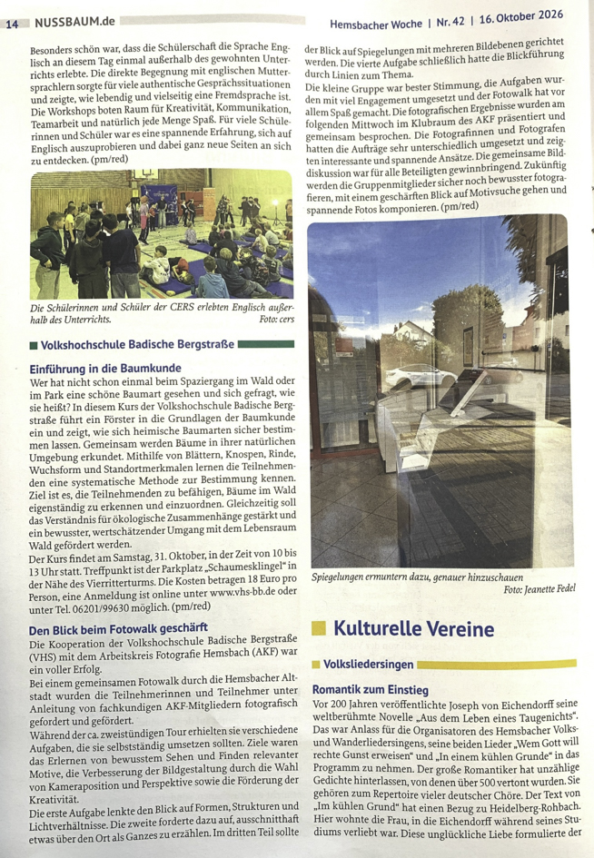 Presseartikel zum Fotowalk in Hemsbach in Zusammenarbeit mit der Volkshochschule VHS Badische Bergstraße - durch geführt vom Fotoclub Arbeitskreis Fotografie Hemsbach (AKF) 